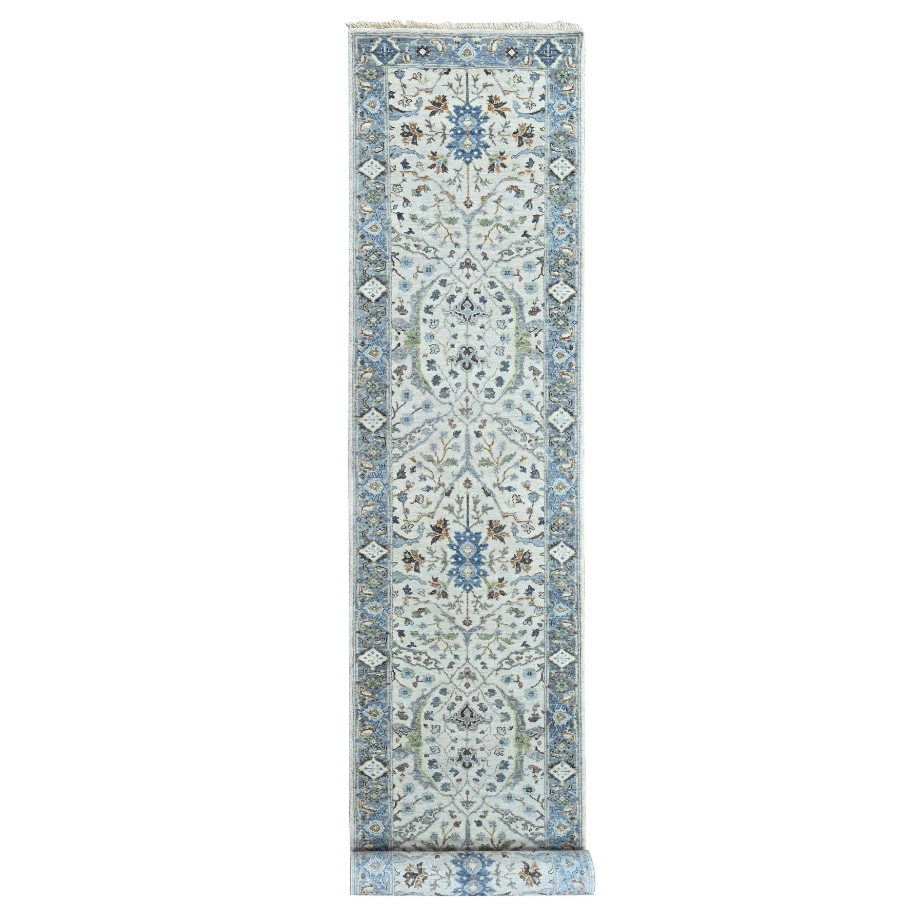 2'7"x13'9" Oyster Gray, Oushak with Floral Motifs, Hand Knotted, Soft Pile, Denser Weave, Pure Wool, Runner, Oriental Rug 